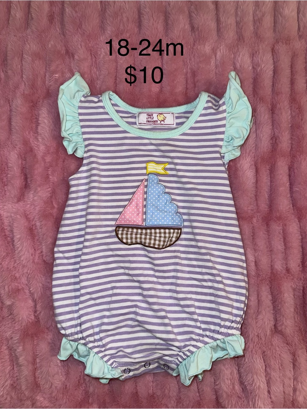 Striped Sailboat Baby Romper in Lavender & Mint